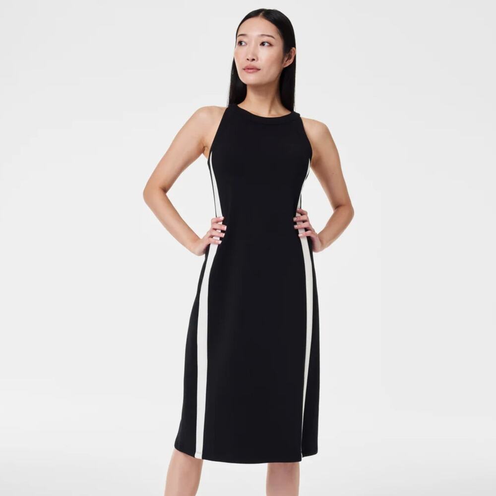 SPANX Black Midi Dress with White Side Panels
